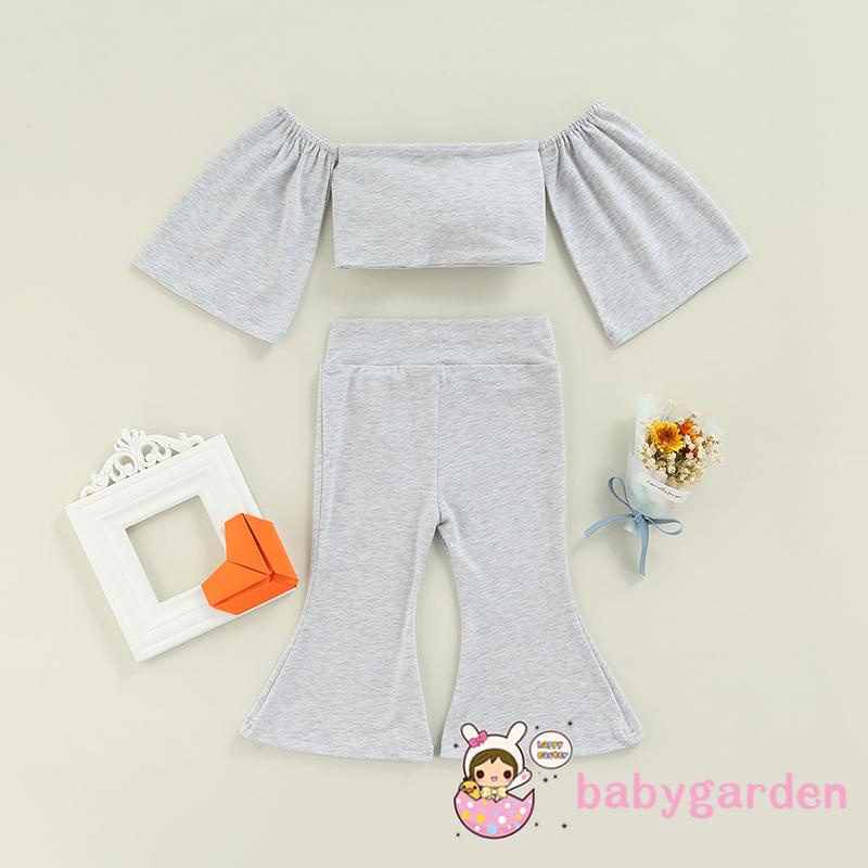 Set đồ 2 món áo croptop trễ vai thắt nơ + quần ống loe màu trơn cho bé gái