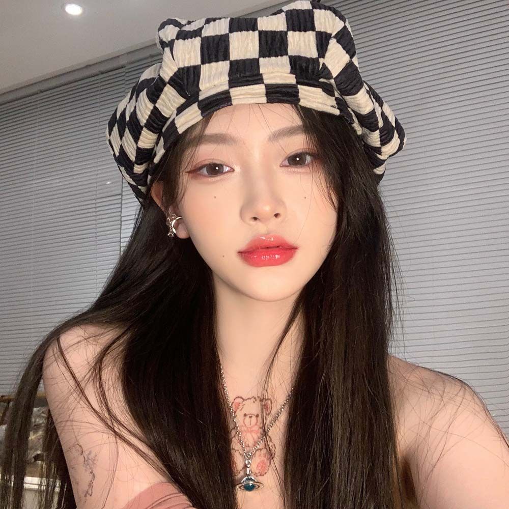 Mũ beret vải nhung họa tiết caro thời trang Hàn Quốc cổ điển mùa thu đông cho bạn nữ