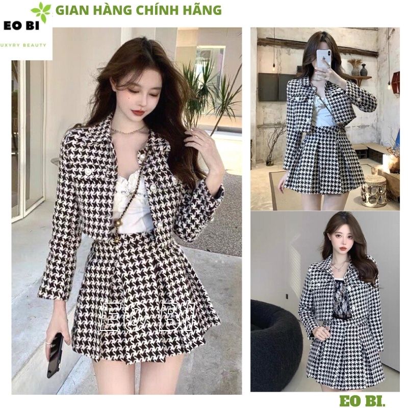 Sét váy dạ tweed kẻ ziczac 2 lớp dày dặn- áo dạ croptop kèm chân váy xòe xếp ly phong cách hàn quốc ulzzang - EOBI