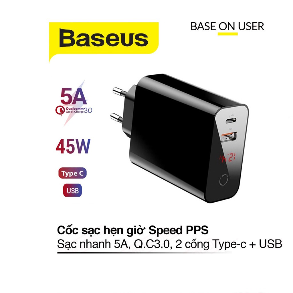 Củ sạc nhanh 5A/45W Baseus Speed PPS Smart Shutdown hẹn giờ tắt chân cắm tròn tích hợp đèn Led