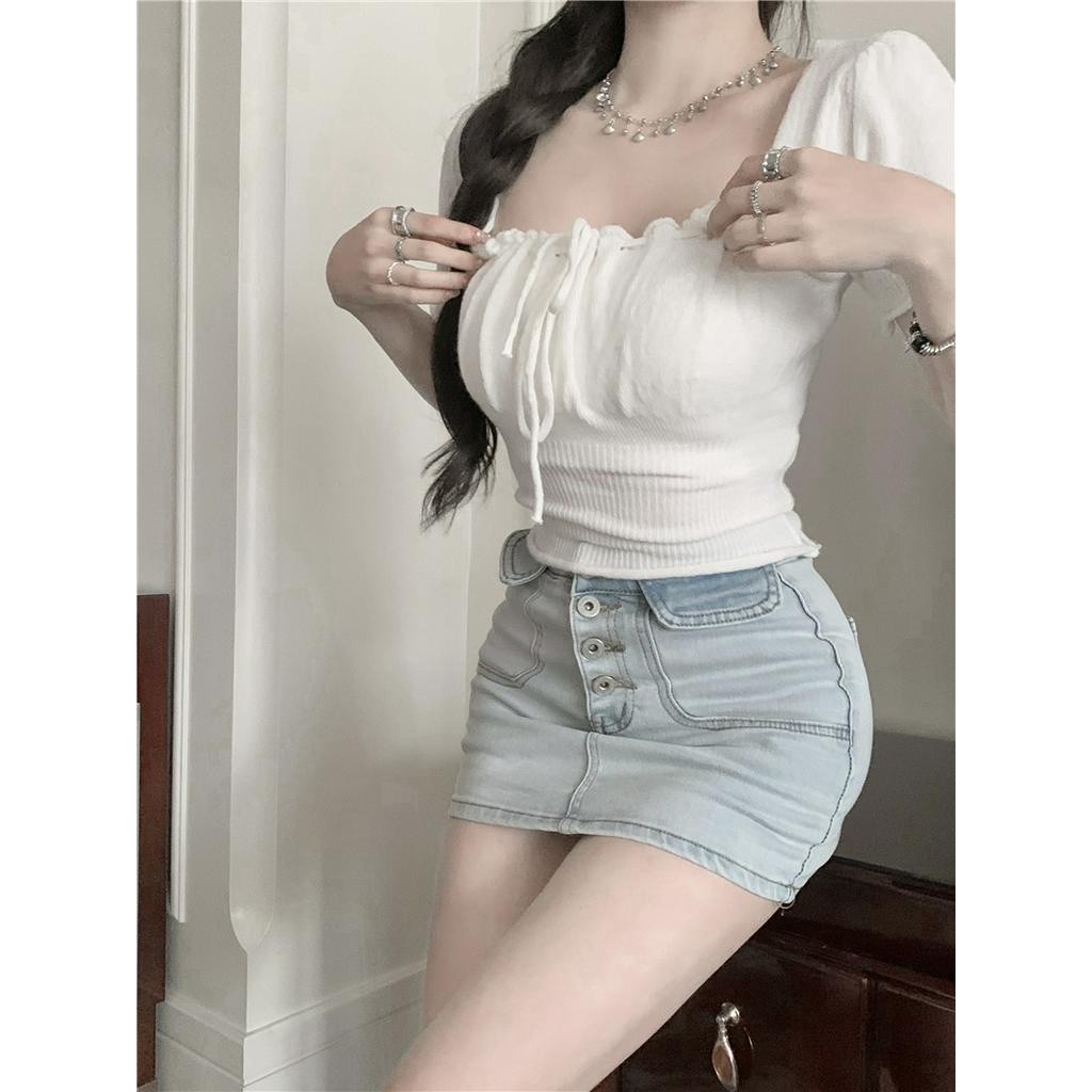 Áo Len Tay Ngắn Cổ Vuông Dáng Ôm Thời Trang Cho Nữ