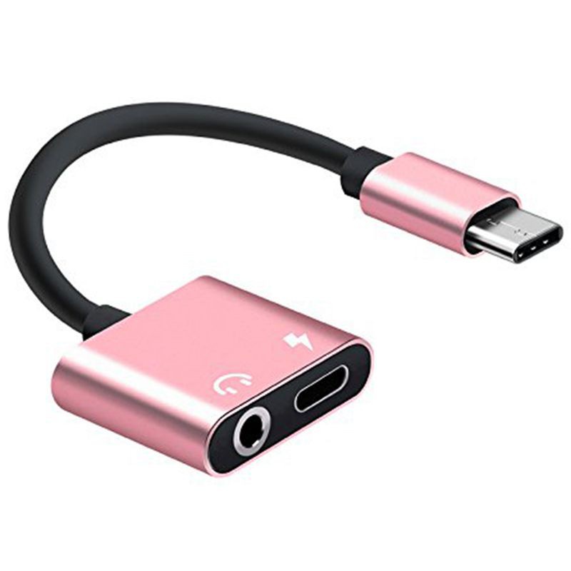 2pcs 2 In1 Type-C to 3.5mm Headphone Jack Adaptor/Connector Charger - black & Rose gold