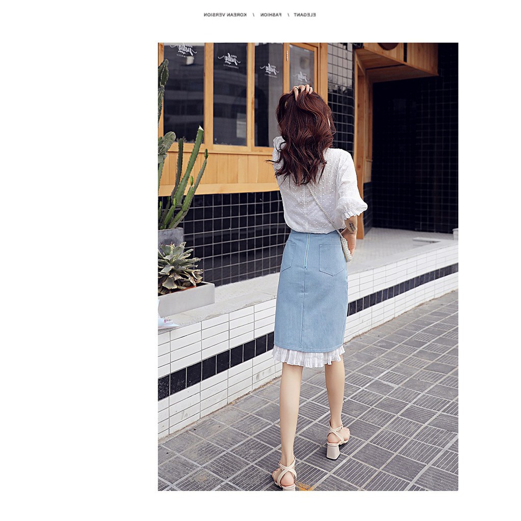 ( Hàng sẵn) Đầm nữ, ÁO REN hoa lưới bi trắng kết hợp chân váy bò phong cách Pháp | BigBuy360 - bigbuy360.vn