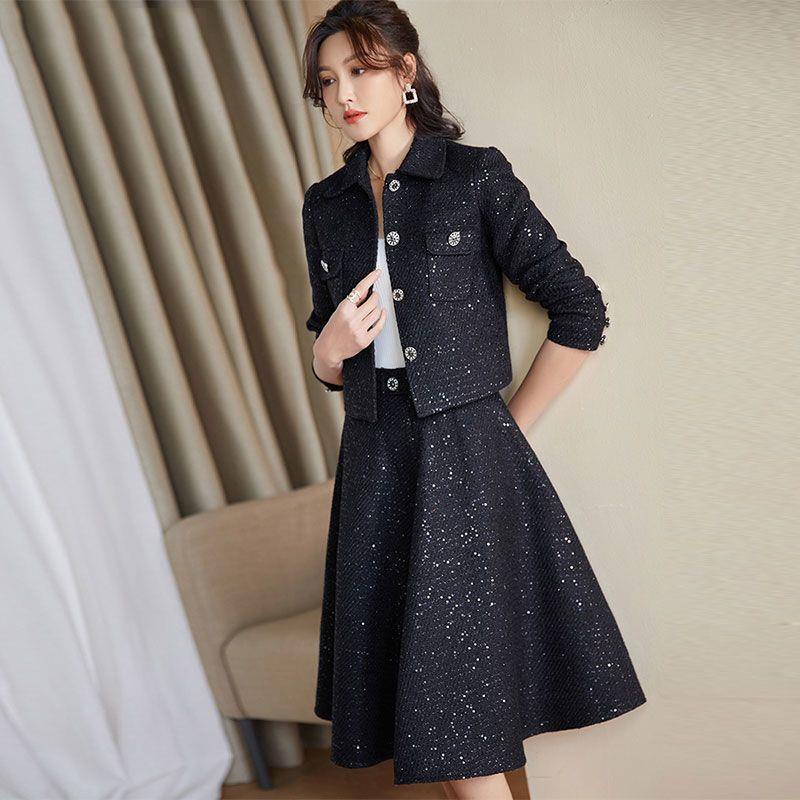 Bộ Áo Đen Phối Chân Váy Vải tweed Cỡ Lớn Thời Trang Thu Đông 2022 Cho Nữ