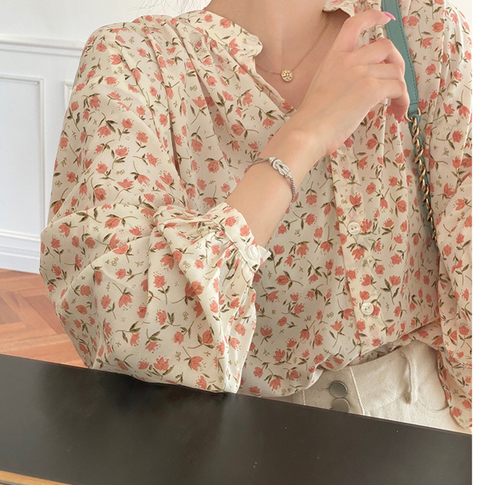 Áo Sơ Mi Dài Tay In Hoa Xinh Xắn Theo Phong Cách Hàn Quốc