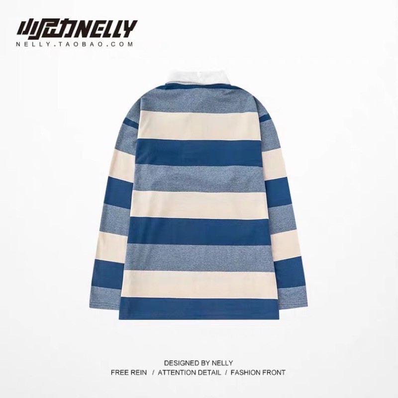 Áo polo kẻ dài tay  chất da cá Nelly Heybig form rộng dành cho nam và nữ 45 50