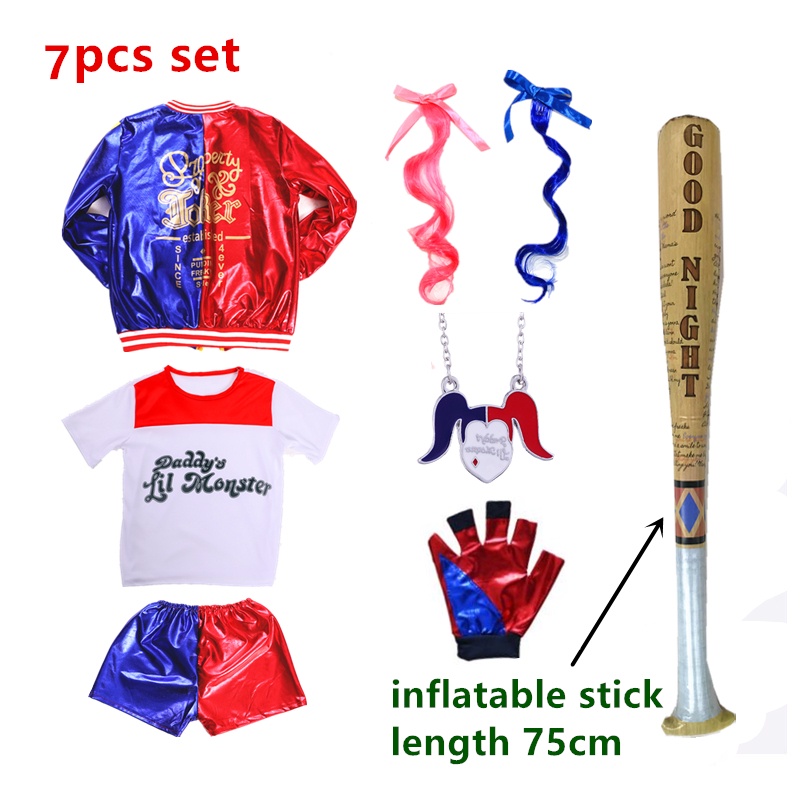 Harley Quinn Child Dress Girl Cosplay Suicide Squad Halloween Clown Jacket Quần short Phụ kiện đầy đủ