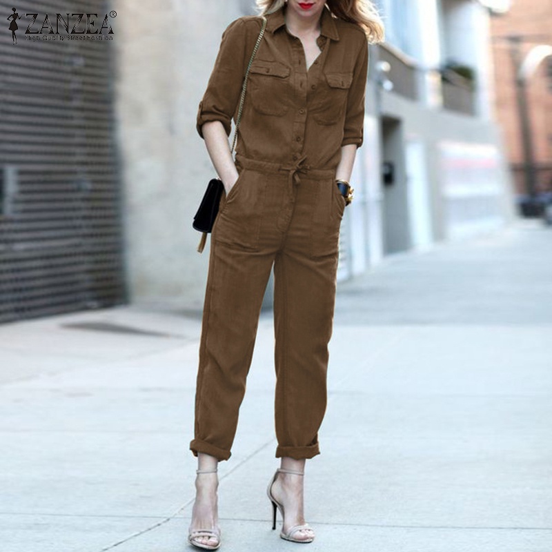 Jumpsuit Zanzea dài lưng thun dây rút màu trơn thời trang cho nữ