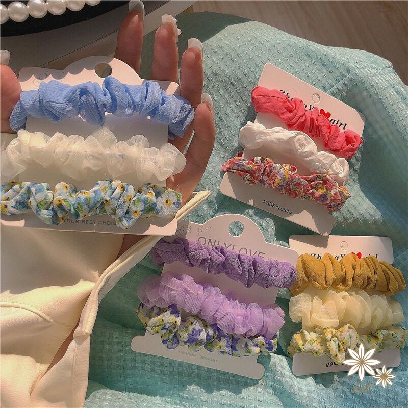 Set 3 dây buộc tóc vải lưới in hoa phong cách Hàn Quốc thời trang mới