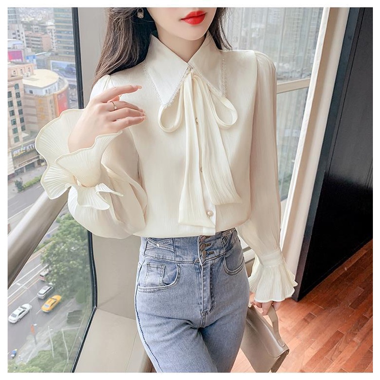 Áo Sơ Mi Chiffon Tay Dài Cổ Thắt Nơ Xếp Ly Ngọt Ngào Thanh Lịch Thời Trang Xuân Thu Dành Cho Bạn Nữ 2022