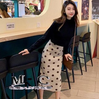 ❤Kích thước Plus hợp thời trang dễ thương❤ Váy nửa dệt kim chấm bi Váy nữ mùa thu đông nửa chiều dài cao hông dài