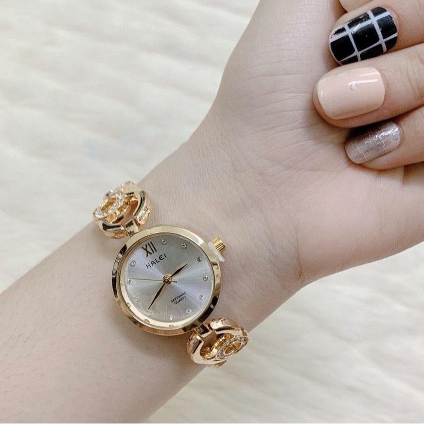 [Tặng Kèm Pin] Đồng Hồ Nữ HALEI Dây Kim Loại Kiểu Lắc Tay Đính Hạt - HOT HIT 2019