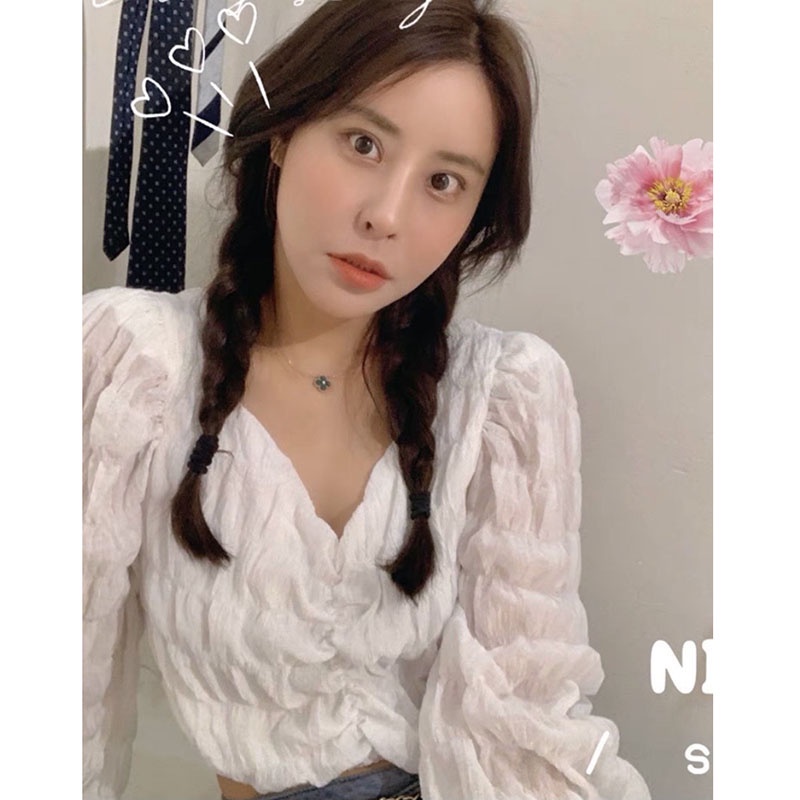 Áo Kiểu- Áo Croptop Dài Tay Nhăn Nhún Ngực 2 Lớp M0315- Violet