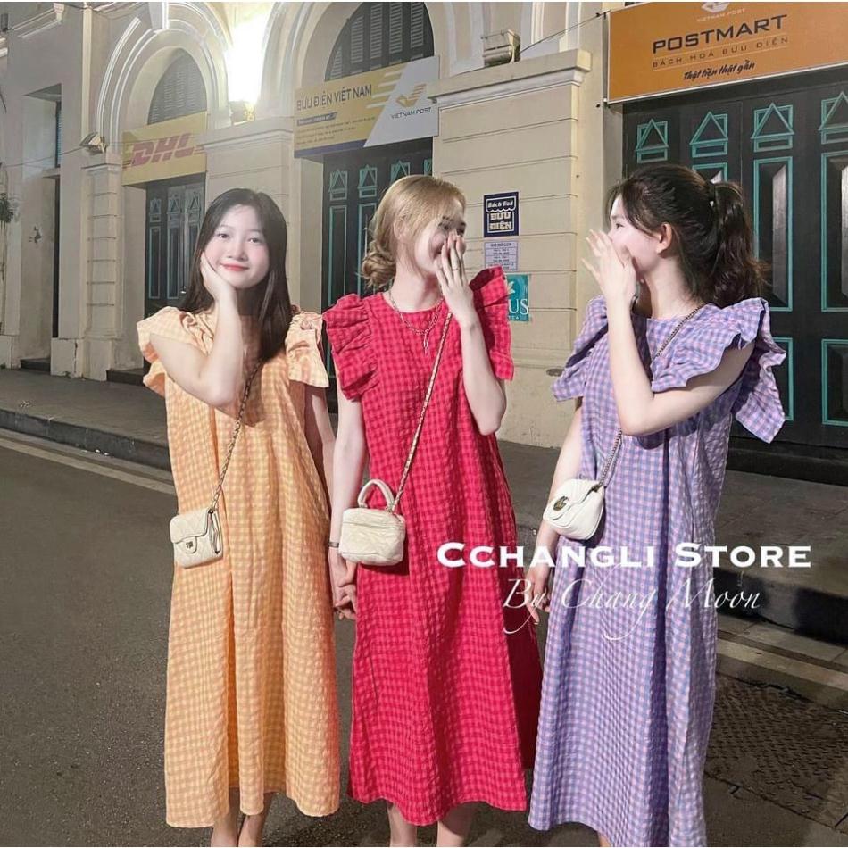 Đầm kẻ bèo vai 5 màu có túi hông siêu xinh