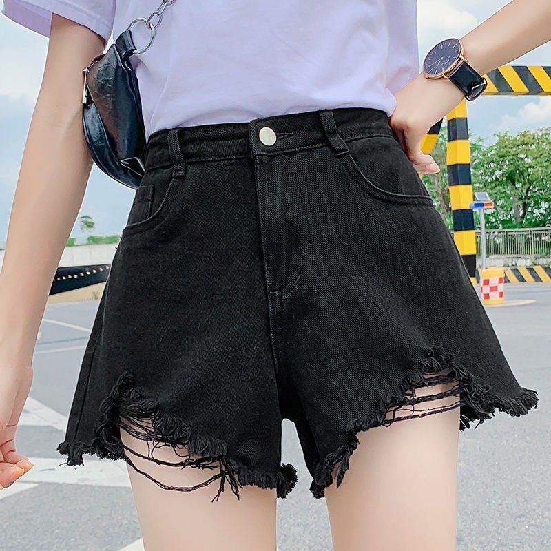 Quần short jean hình chữ A cạp cao ống rộng phối rách phong cách mùa hè Hàn 2021 mới cho nữ