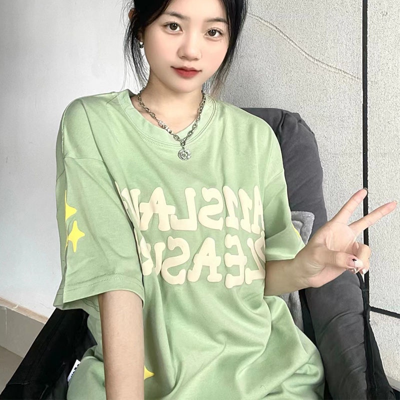 Áo Thun Tay Ngắn In logo Chữ Và Ngôi Sao 3D Phong Cách Đường Phố Mỹ Thời Trang Cho Nữ