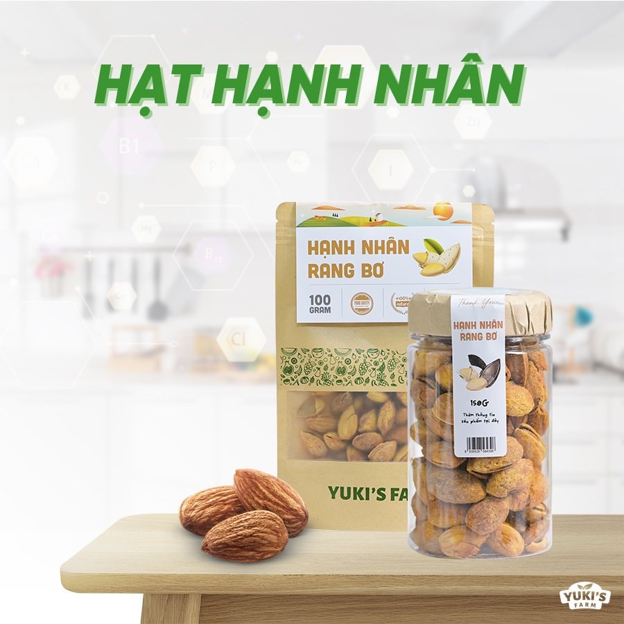 Hạt Hạnh Nhân Rang Bơ YUKI FARM Túi 100g - Hạt Dinh Dưỡng Sấy Khô Organic Cho Bà Bầu, Trẻ Em, Hỗ Trợ Ăn Kiêng, Giảm Cân