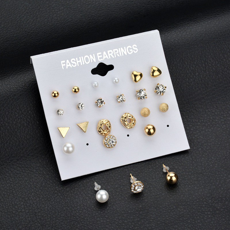 Set 12 đôi bông tai không trùng nhau có đính đá kim cương phong cách Nhật Bản Hàn Quốc dành cho nữ đeo một tuần