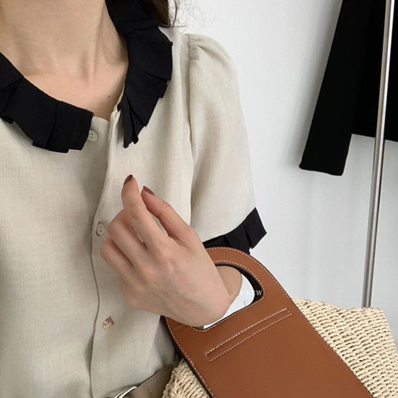 IELGY    Áo Sơ Mi Tay Ngắn Màu Xanh Dương Phong Cách Hàn Quốc Cho Nữ