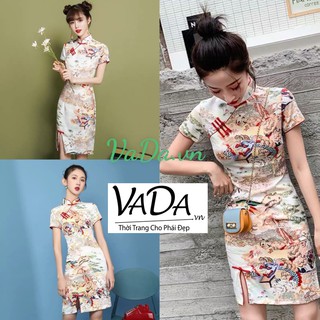 Đầm sườn xám in họa tiết 3D cá tính hàng cao cấp phù hợp đi dự tiệc, đi chơi tết dao phố, cà phê - Thời Trang VADA -Đ61