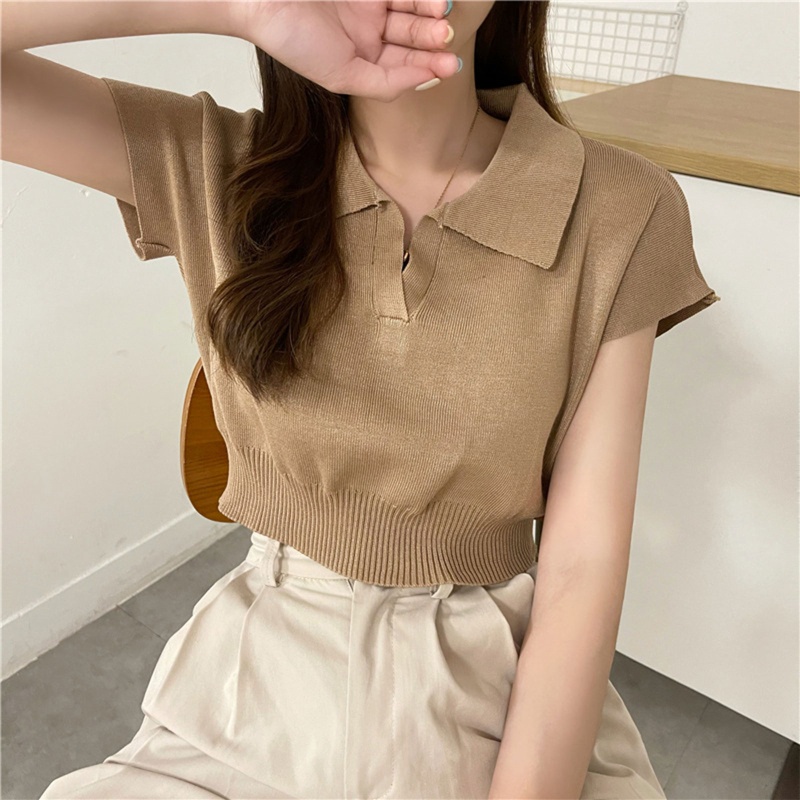 Áo Thun Crop Top Dệt Kim Tay Ngắn Cổ Chữ V Màu Trơn Eo Co Giãn Thời Trang Mùa Hè Cho Nữ