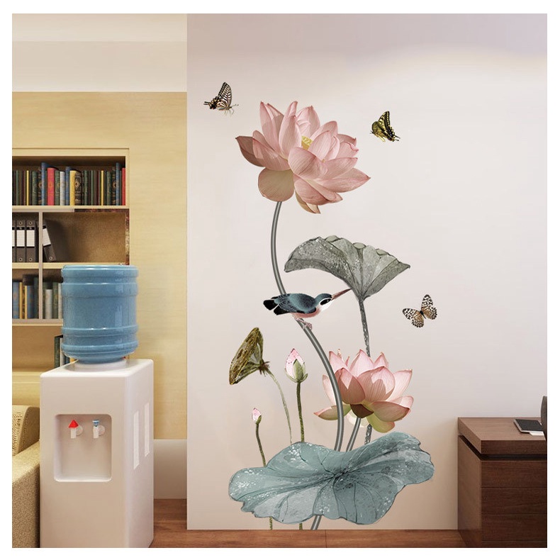 Decal trang trí dán tường - CHIM SÂU ĐỨNG TRÊN SEN HỒNG CÙNG BƯỚM TAO NHÃ