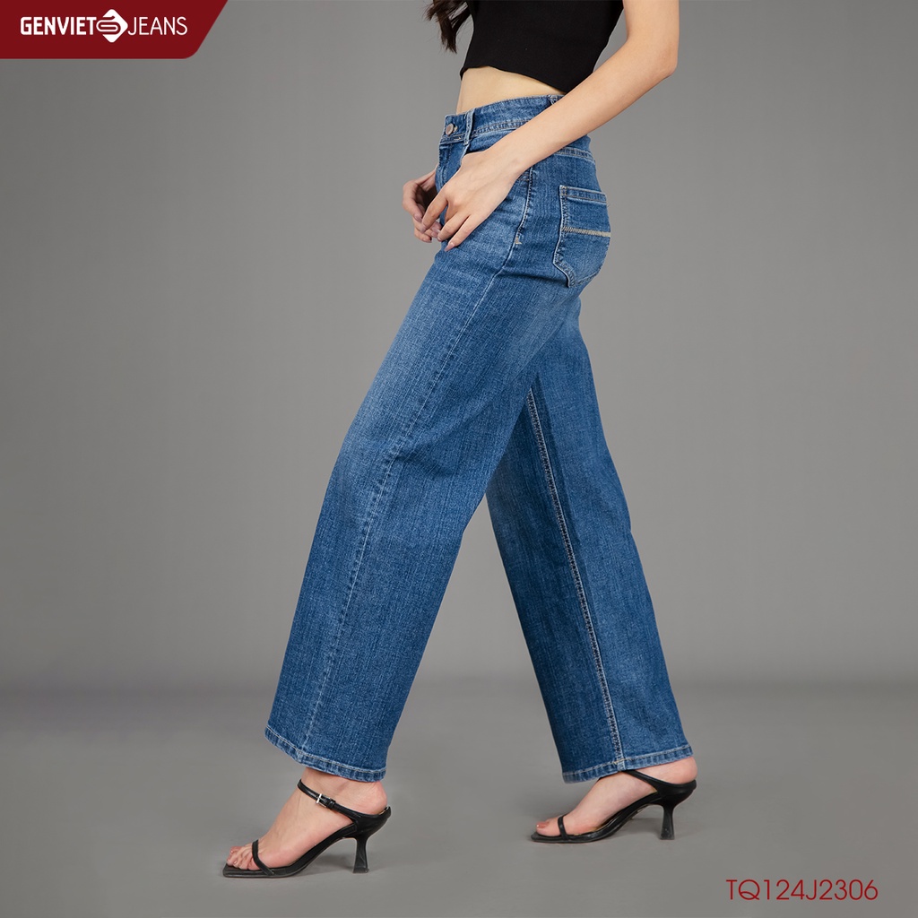 Quần Jeans Nữ Genviet Jeans Ống Rông Cạp Cao Chất Bò Mềm Cao Cấp TQ124J2306