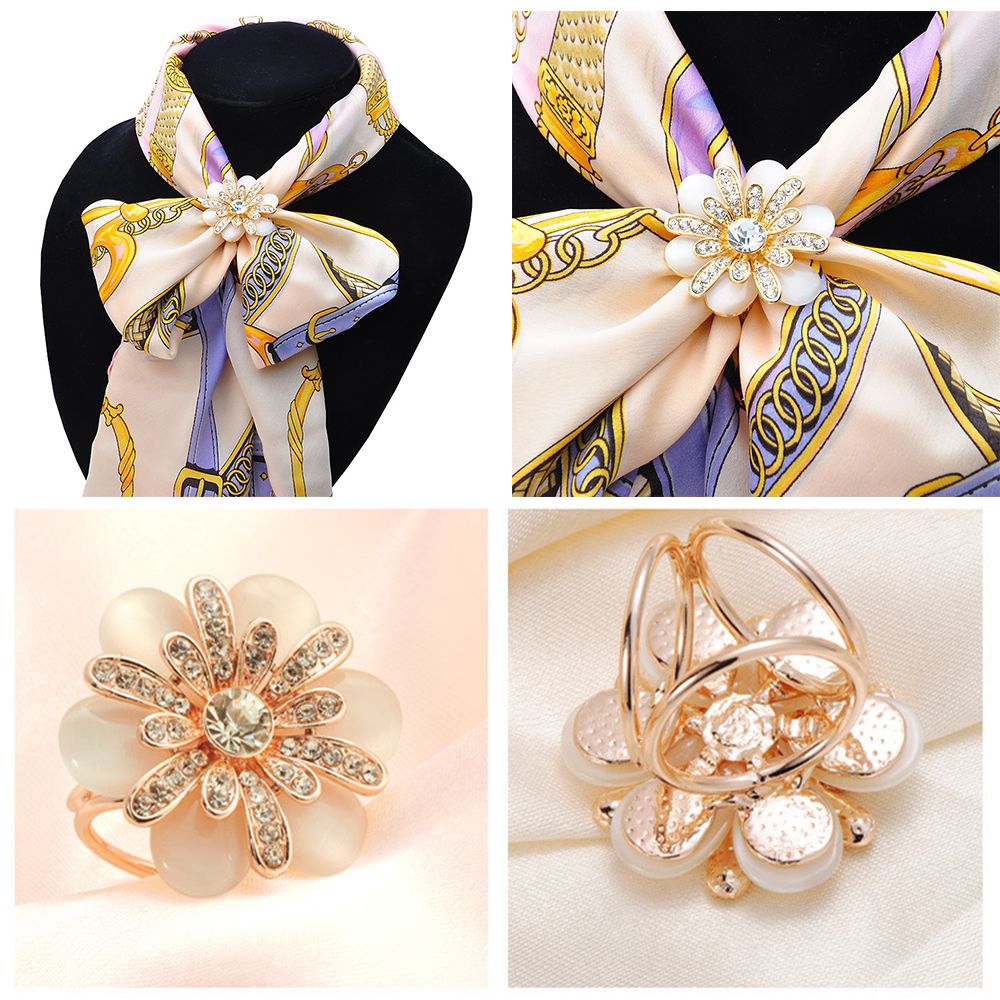 Trâm cài khăn choàng 3 vòng thiết kế đính đá Opal hình hoa trà thời trang cho phái nữ