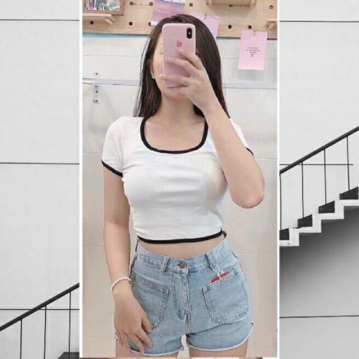 Áo Croptop nữ ôm body Tay ngắn cổ vuông MADELA,  Áo thun nữ cổ vuông có viền dáng ôm croptop - ACTN02