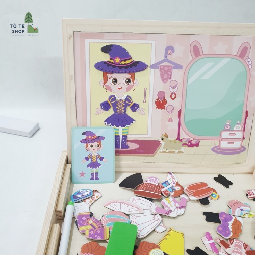 Xếp hình nam châm chủ đề công chúa , lắp ráp trang phục công chúa Girl Dressing kèm bảng đen và phấn , bút dạ MWZ-2062