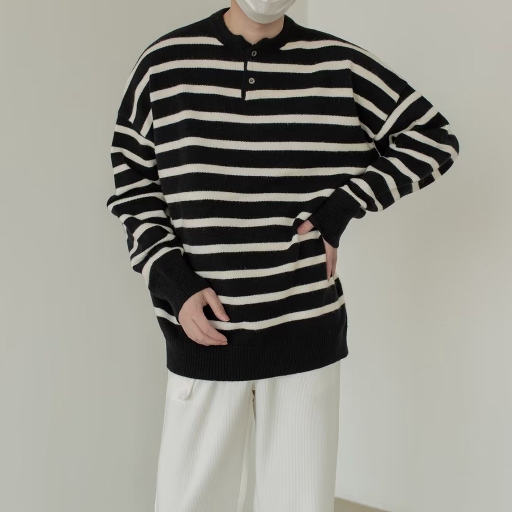 Áo Dệt Kim Kẻ Sọc Thời Trang Trẻ Trung Cho Nam fashion áo thun nam có cổ áo thun nam tay dài from rộng simple áo phông rộng Sọc Hàn Quốc áo kiểu nam