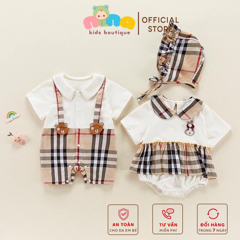 Set Sinh đôi Body cho bé trai, bé gái Chất cotton trắng phối thô Caro Size 5 đến 13kg Nina Kids Boutique Quà đầy tháng