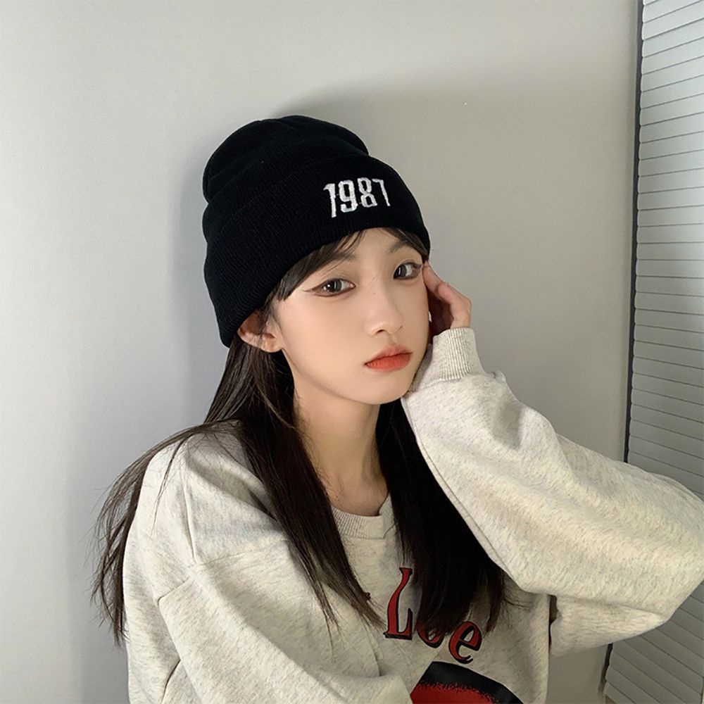 Mũ beanie giữ ấm thêu chữ số 1987 màu trơn dễ thương cho nữ