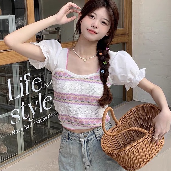 áo croptop kiểu nữ cổ vuông tay ngắn dệt kim phối tay bồng hàng đẹp thiết kế Quảng Châu cao cấp