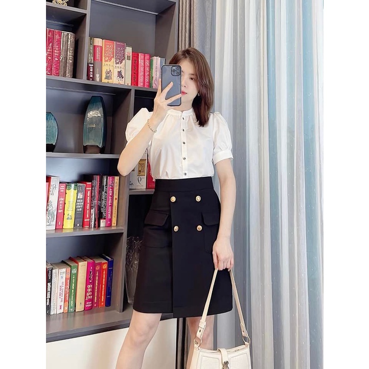 Chân váy công sở cạp cao có túi dài đến gối thiết kế trẻ trung, đắp tà 4 cúc 2 túi d50cm