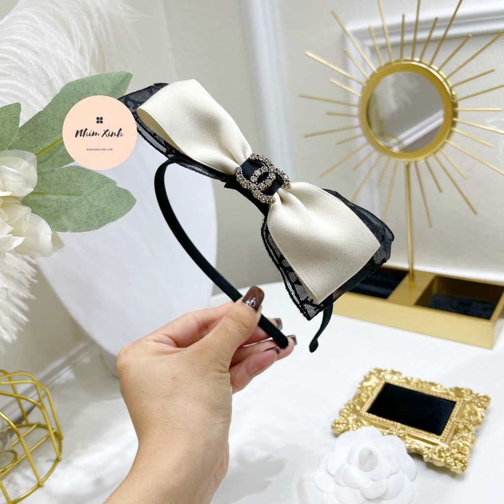 Bờm/Xược/Băng đô tóc Chanel nơ lụa phối ren 2 tầng siêu sang - Style nữ tính, bánh bèo, lên hình cực xinh - Bờm tóc đẹp