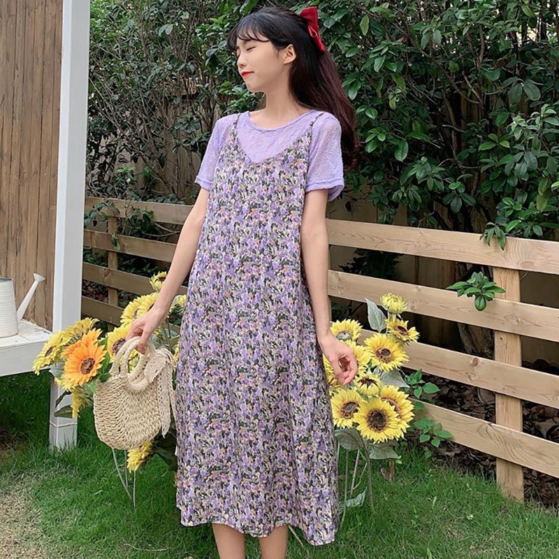 Korean Fashion Wild Floral Slim Retro V-Neck Oil Painting Picture Color Sling Dress