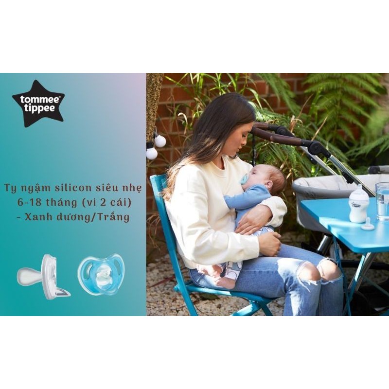 Ty ngậm silicon siêu nhẹ cho bé Tommee Tippee 6-18 tháng (vỉ 2 cái) - Xanh dương/Trắng