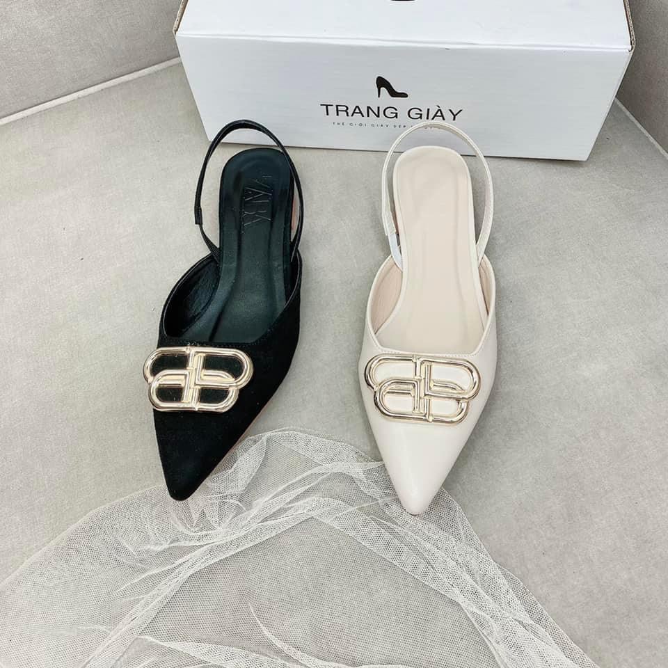[Giá hủy diệt] Giầy sục nữ có quai hậu chun sau mũi nhọn phong cách gắn chữ BB 2 màu đen trắng
