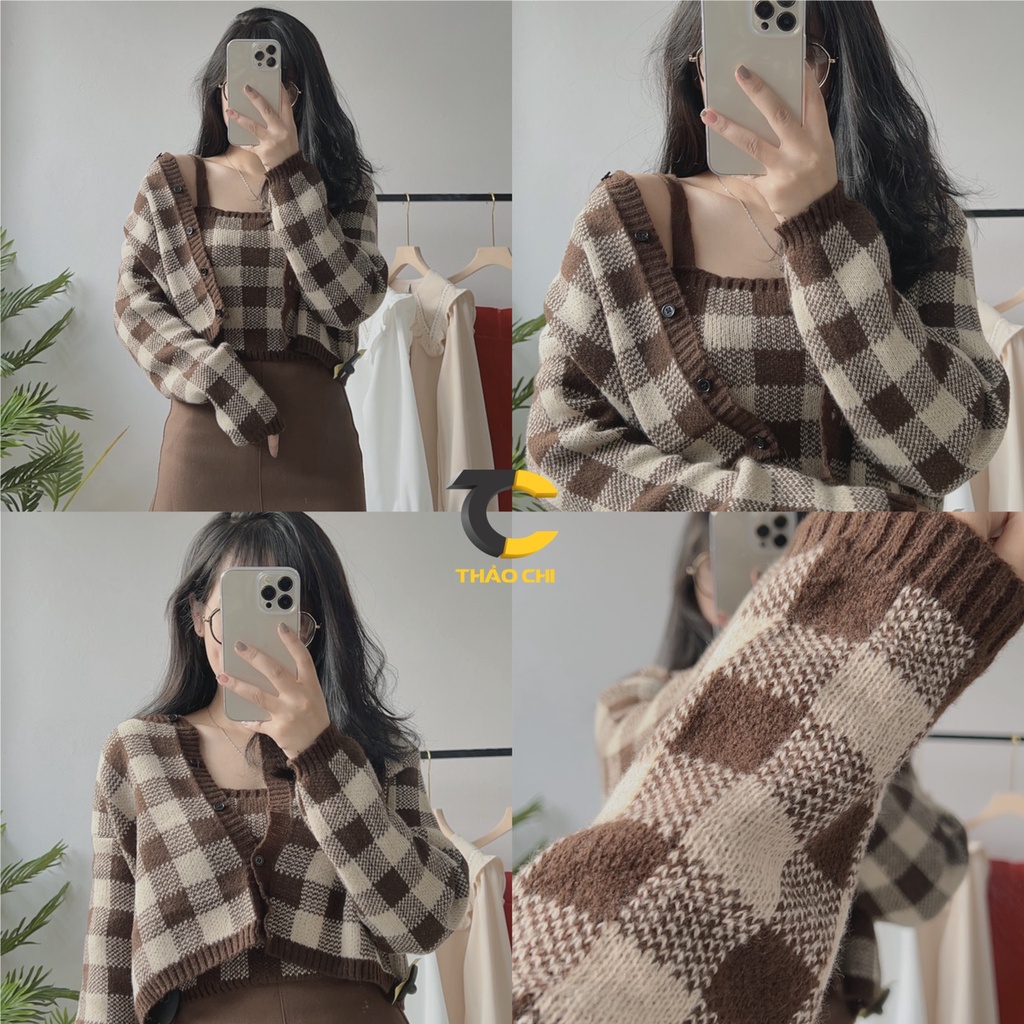 Áo khoác cardigan len kẻ caro kèm áo 2 dây mix đồ cực xinh | BigBuy360 - bigbuy360.vn