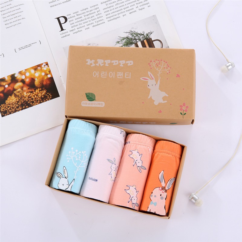 Combo Hộp 4 quần lót dạng đùi vải cotton Hàn Quốc cho bé gái mẫu Con Thỏ Giấy