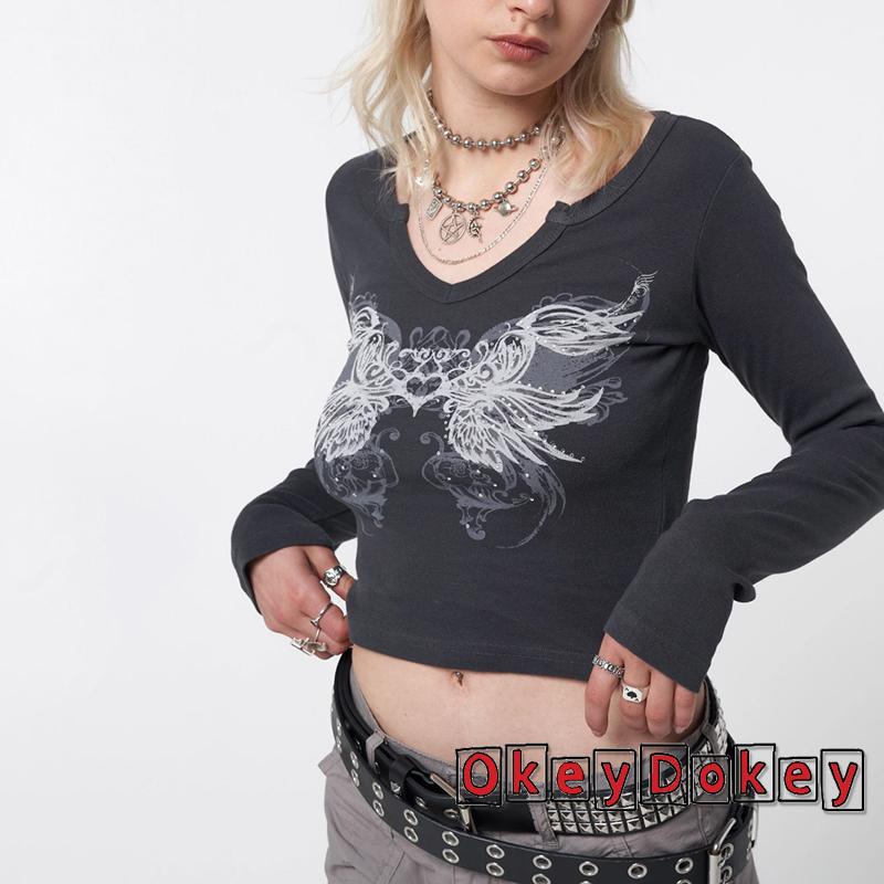 Áo Thun Crop Top Tay Dài Cổ Chữ V In Họa Tiết Thời Trang Cho Nữ OKDK-y2k