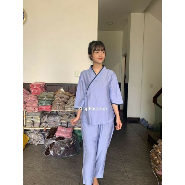 Thời trang đi chùa - đồ lam - đồ phật tử- Đũi tơ mát, cột nơ không thêu