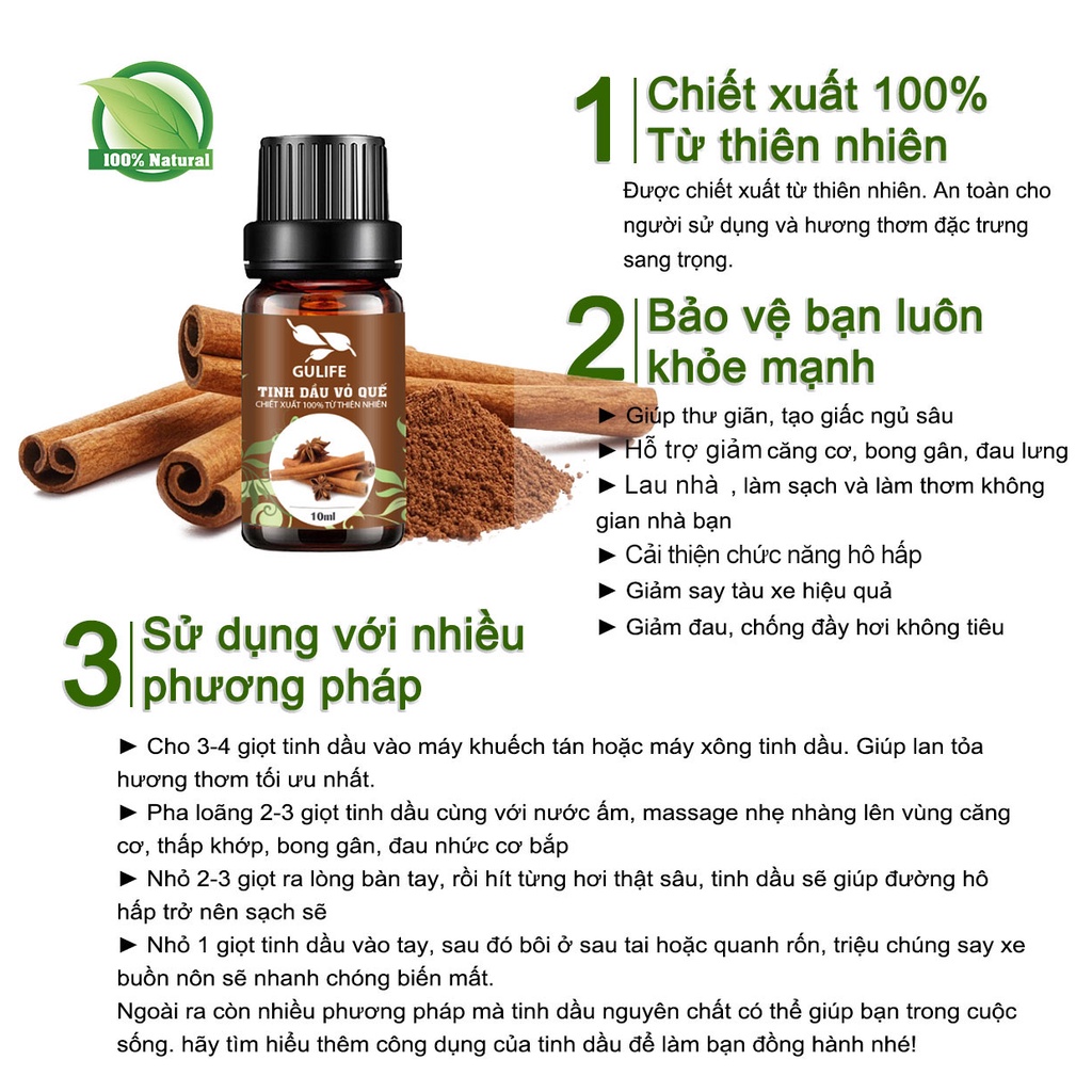 Tinh Dầu Quế Chiết Xuất Từ Thiên Nhiên GULIFE - Giảm Căng Thằng, Thơm Phòng &amp; Thư Giãn