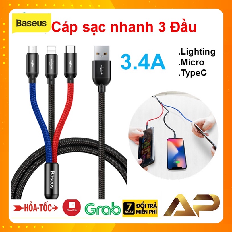 Dây Cáp Sạc 3 Đầu CAO CẤP Chính Hãng Baseus CAMLT-BSY01 3 trong 1 Ligting Micro Type C Iphone Android