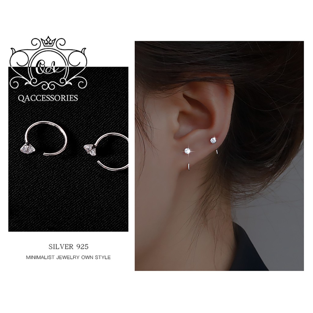 Khuyên tai bạc 925 móc chữ C đính đá đen trắng 4 chấu nam nữ S925 EARCUFF Silver Earrings QA SILVER EA201103