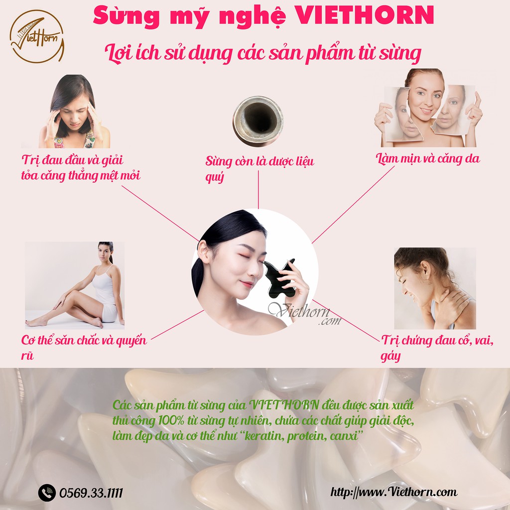 Cây massage mặt & day ấn huyệt đạo bằng sừng VIETHORN /đánh bay vết nhăn/giảm thâm nám da