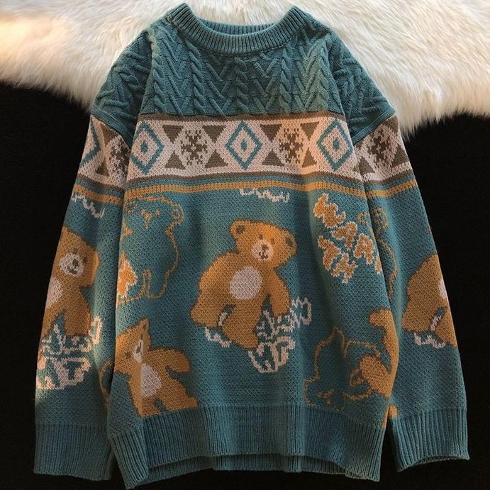 Áo sweater dệt kim in hình gấu phong cách retro thời trang thu đông cho nam và nữ