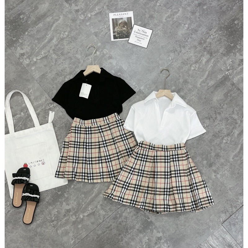 [Rẻ Vô Địch] Sét áo crt thun gân cổ bẻ mix chân váy kẻ bbr xếp ly  Chất thun gân mềm đep giãn 4c cv kẻ thô mềm