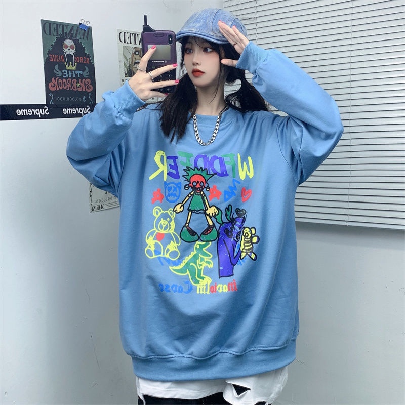 ZHELIHANGFEI Áo Sweater Tay Dài Dáng Rộng In Họa Tiết Trẻ Trung